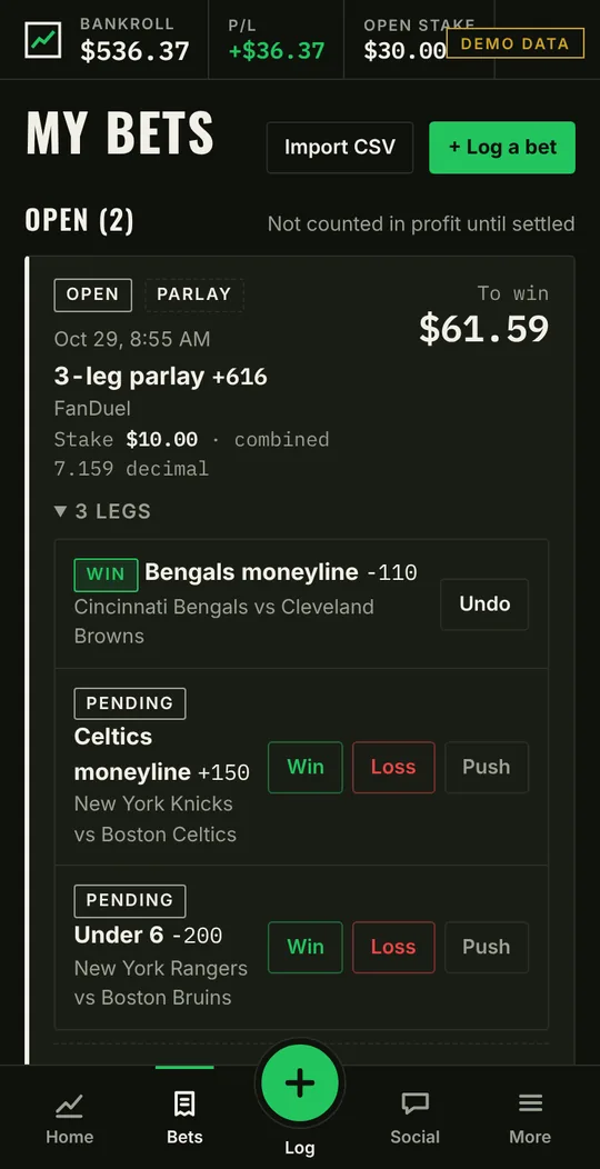 My Bets screen with open and settled bets and a parlay (demo data)