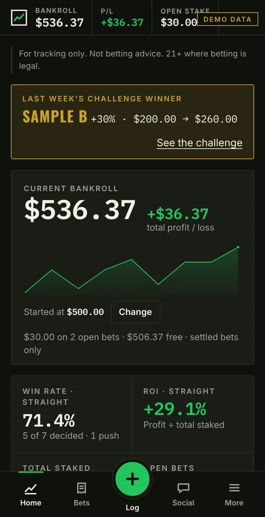 Home screen showing a bankroll of $536.37 and a bankroll chart (demo data)