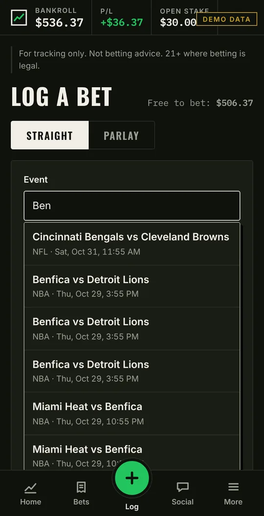Log a Bet screen with the game search open (demo data)